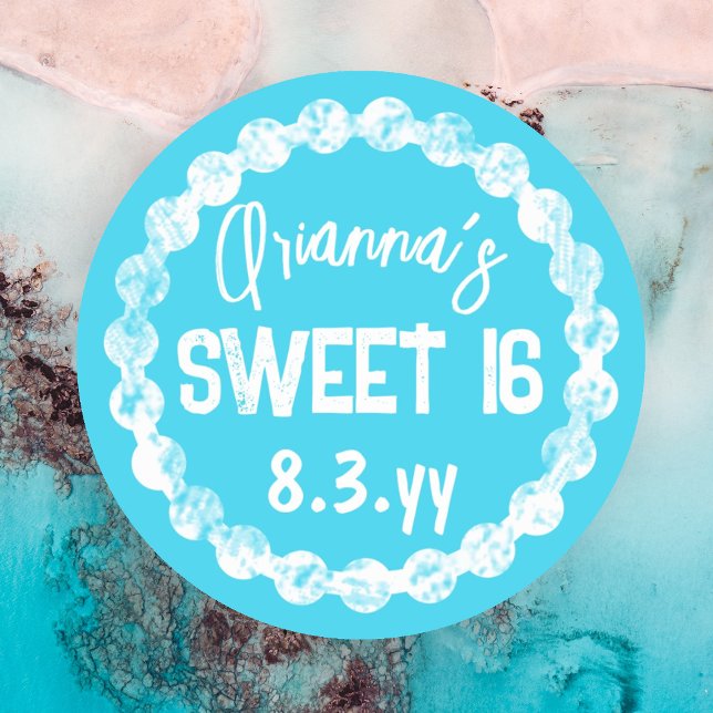 Sweet 16 Turquoise Party Favour Sticker (Turquoise white round border sweet 16 stickers, sweet sixteen party favor stickers )