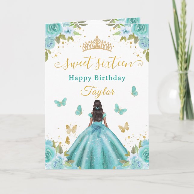 Sweet 16 Turquoise Princess African American Girl Card (Front)