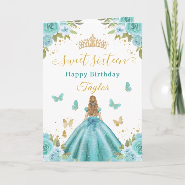 Sweet 16 Turquoise Princess Blonde Girl Card (Front)