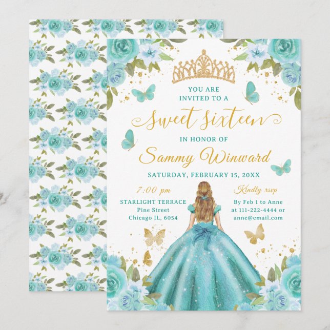 Sweet 16 Turquoise Princess Blonde Girl Invitation (Front/Back)