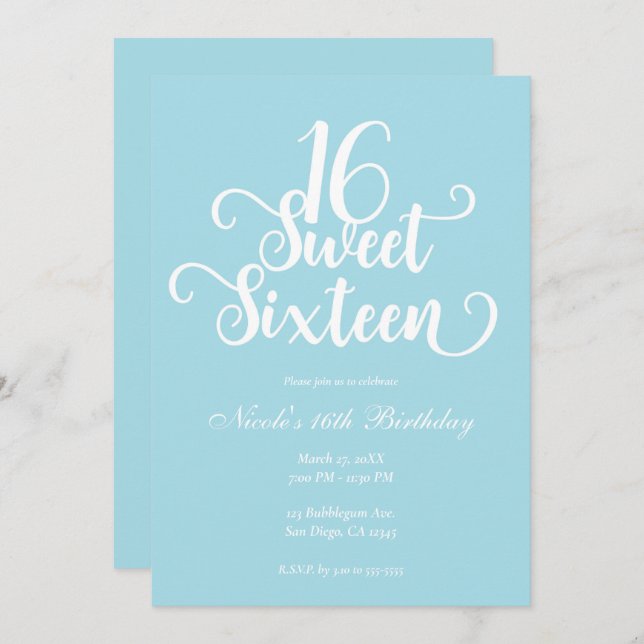 Sweet 16 Turquoise & White Chic Birthday Party  Invitation (Front/Back)