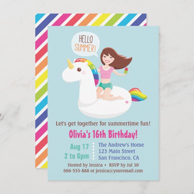 Sweet 16 Unicorn Pool Float Summer Birthday Party Invitation (Front/Back)