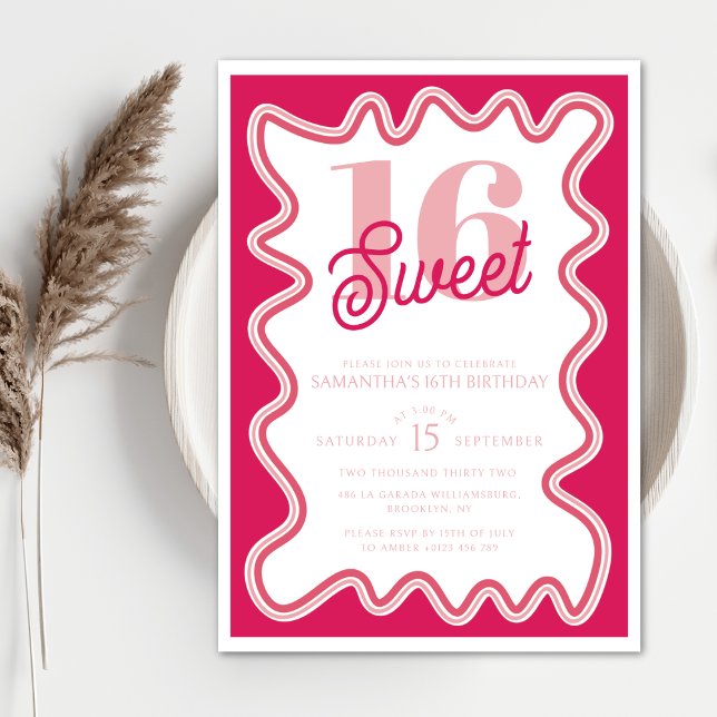 Sweet 16 Vibrant Pink Retro Wavy Sixteenth  Invitation (Creator Uploaded)