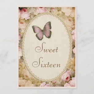 Sweet 16 Vintage Roses Butterfly & Music Notes Invitation