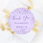 Sweet 16 violet glitter name thank you  classic round sticker<br><div class="desc">A violet,  lavender coloured background decorated with faux glitter,  sparkles.  Personalise and add a name and age.</div>