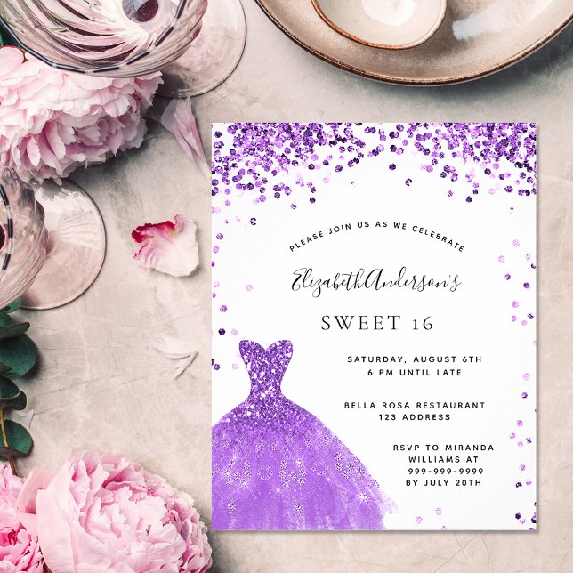 Sweet 16 violet white dress glitter invitation postcard (Creator Uploaded)