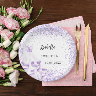 Sweet 16 violet white dress paper plate