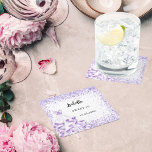 Sweet 16 violet white dress square paper coaster<br><div class="desc">A white background.  A white background decorated with violet sparkles,  confetti and a white and violet dress.  Personalise and add a name and date.</div>
