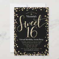 Sweet 16 Virtual Girly Black Gold Glitter Birthday