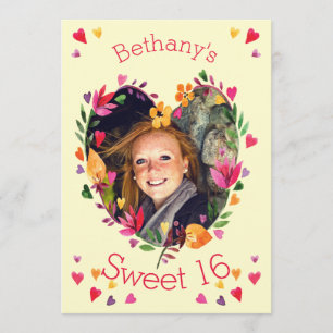 Sweet 16 Watercolor Floral Heart Wreath Photo Invitation
