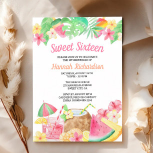 Sweet 16 Watercolor Luau Tropical Hibiscus Invitation