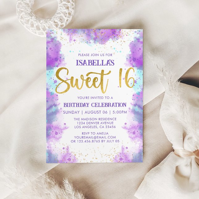 Sweet 16 Watercolor Purple Gold Invitation (Sweet 16 Watercolor Purple Gold Invitation
)