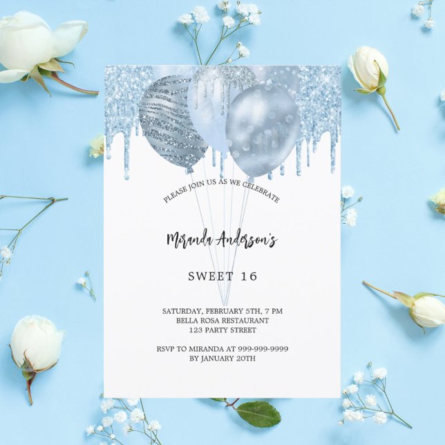 Sweet 16 white blue balloons budget invitation flyer (Creator Uploaded)