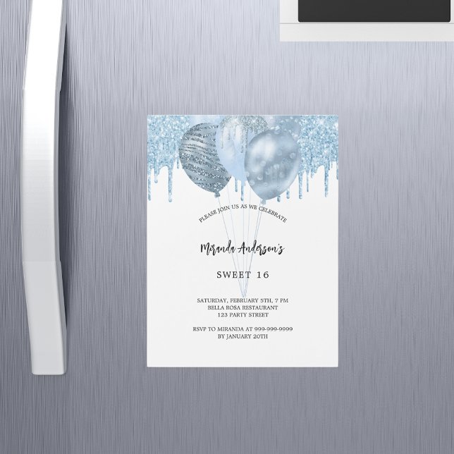 Sweet 16 white blue balloons glitter drips luxury magnetic invitation (Creator Uploaded)