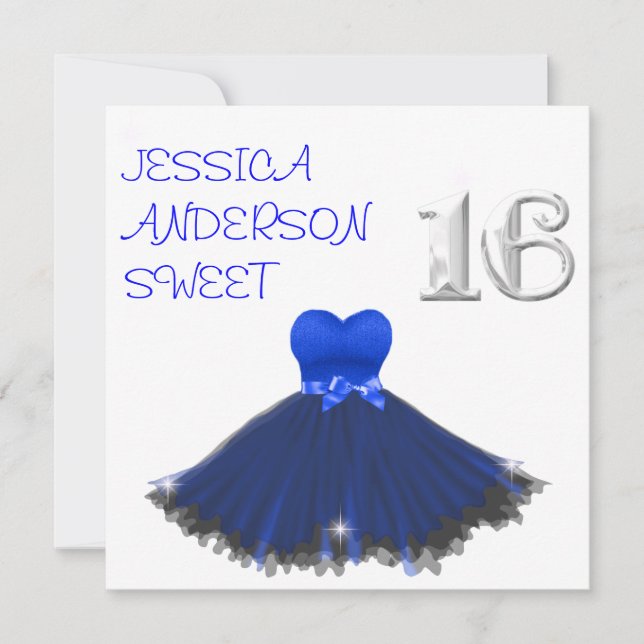 SWEET 16  White Blue Black Dress Sparkles Invitation (Front)