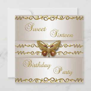 Sweet 16 White Cream Gold Pearl Butterfly Jewel Invitation