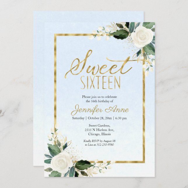 Sweet 16 White Floral On Dusty Blue  Invitation (Front/Back)