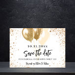 Sweet 16 white gold balloons glitter save the date announcement postcard<br><div class="desc">A chic white background decorated with faux gold glitter and balloons.  Personalise and add a date and name/age. The text: Save the Date is written with a large trendy hand lettered style script.</div>