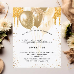 Sweet 16 white gold balloons invitation