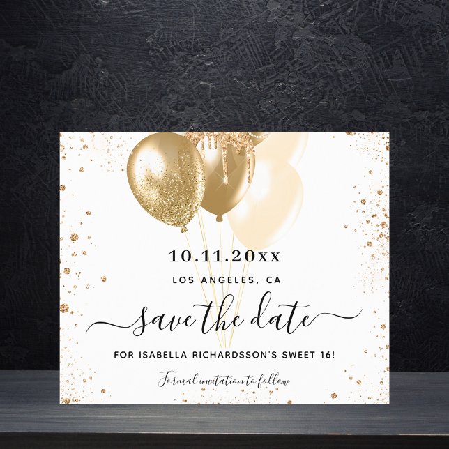 Sweet 16 white gold budget save the date flyer (Creator Uploaded)