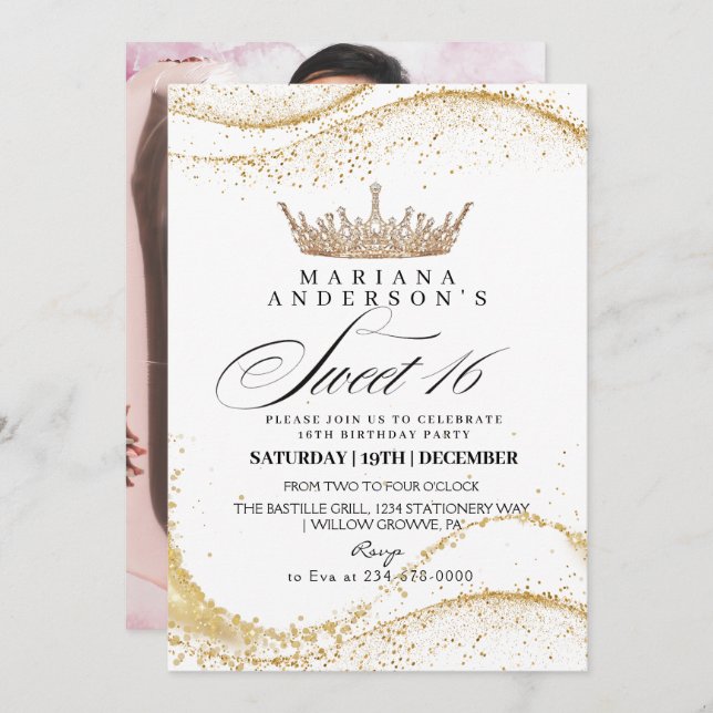  Sweet 16 White & gold Crown Birthday Party Invitation (Front/Back)