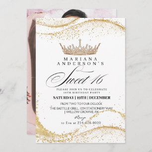  Sweet 16 White & gold Crown Birthday Party Invitation