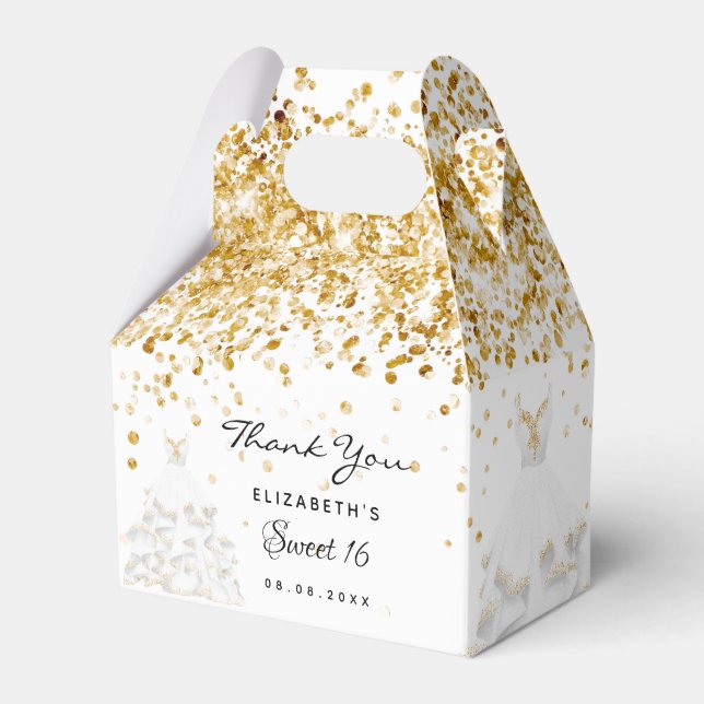 Sweet 16 white gold dress thank you favour box (Front Side)