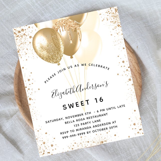 Sweet 16 white gold glitter balloons budget flyer (Creator Uploaded)