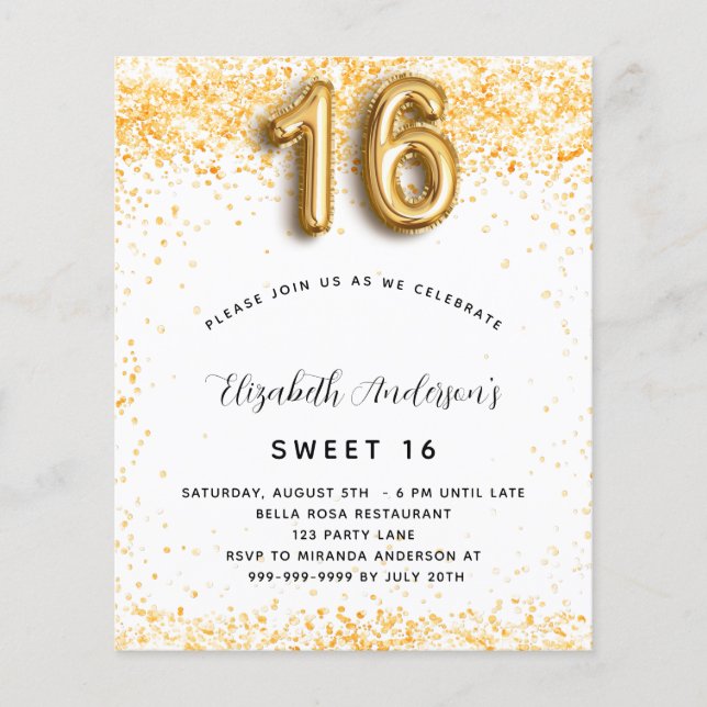 Sweet 16 white gold glitter budget invitation flyer (Front)