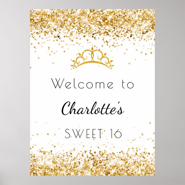 Sweet 16 white gold glitter dust tiara welcome poster (Front)