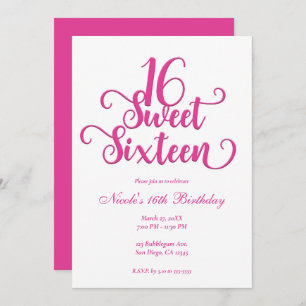 Sweet 16 White & Hot Pink Birthday Party  Invitation