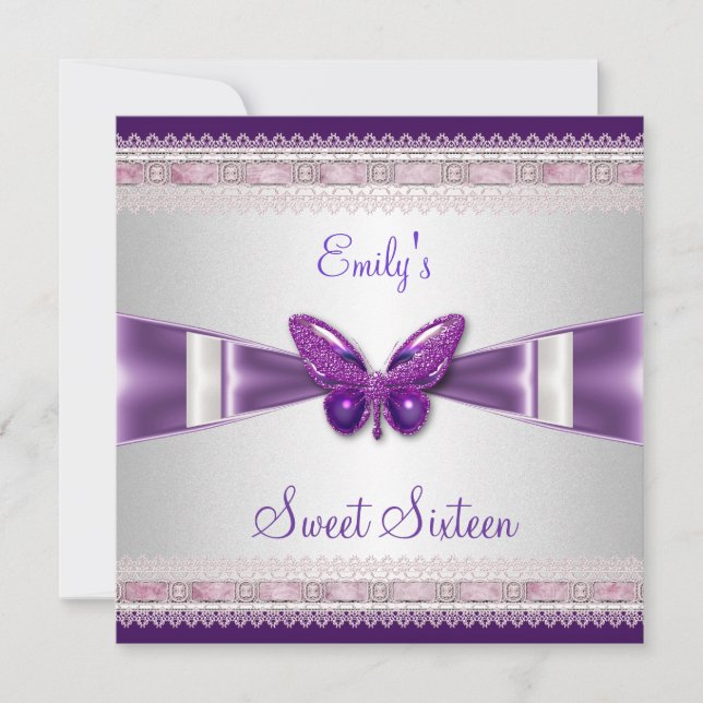 Sweet 16 White Purple Butterfly Invitation (Front)