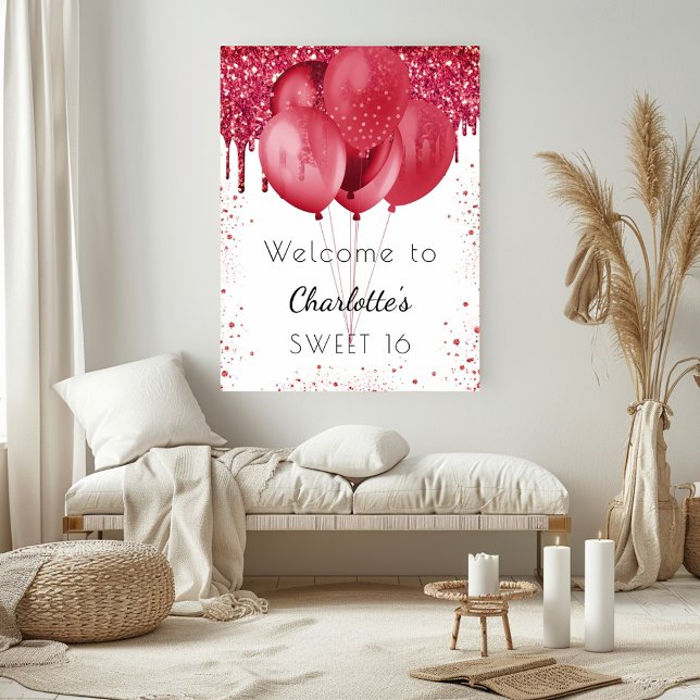 Sweet 16 white red glitter welcome balloons poster (Creator Uploaded)