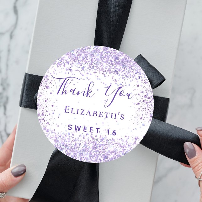 Sweet 16 white violet glitter name thank you classic round sticker (Creator Uploaded)