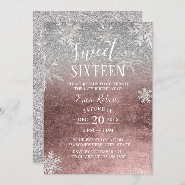 Sweet 16 Winter Snowflakes Rose Gold  & Silver Invitation (Front/Back)