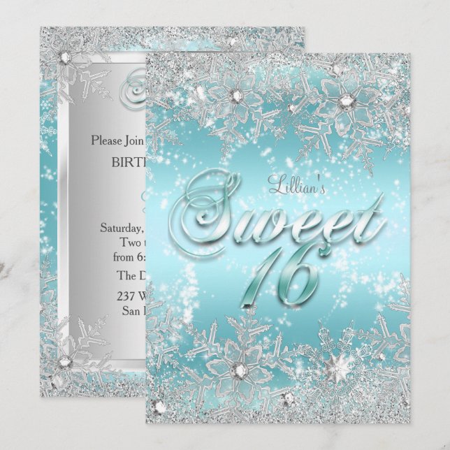 Sweet 16 Winter Wonderland Blue Teal Snowflake Invitation (Front/Back)