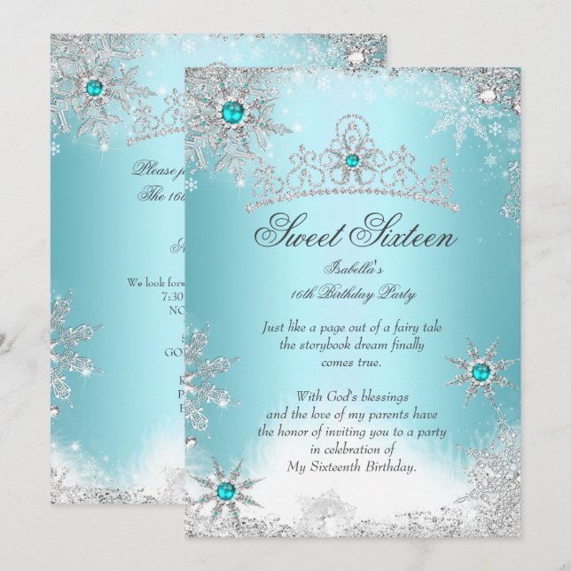 Sweet 16 Winter Wonderland Silver Blue Invitation (Front/Back)