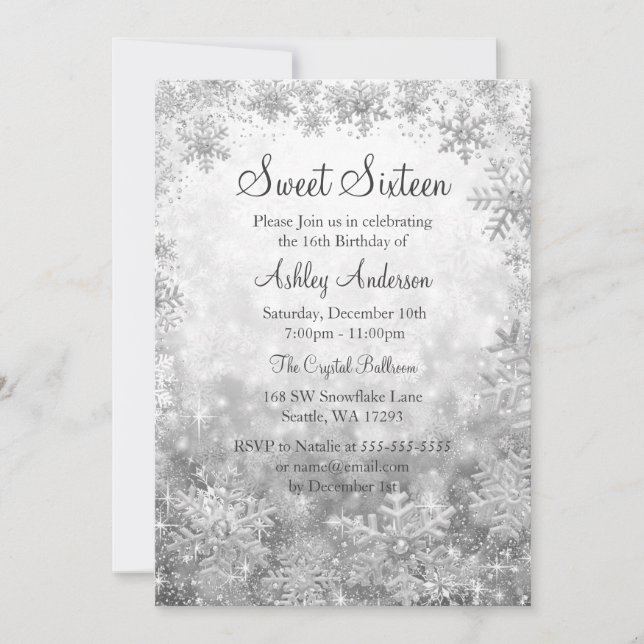 Sweet 16 Winter Wonderland Silver Snowflakes Invitation (Front)