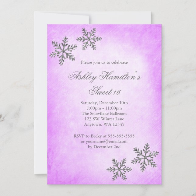 Sweet 16 Winter Wonderland Snowflakes Purple Invitation (Front)