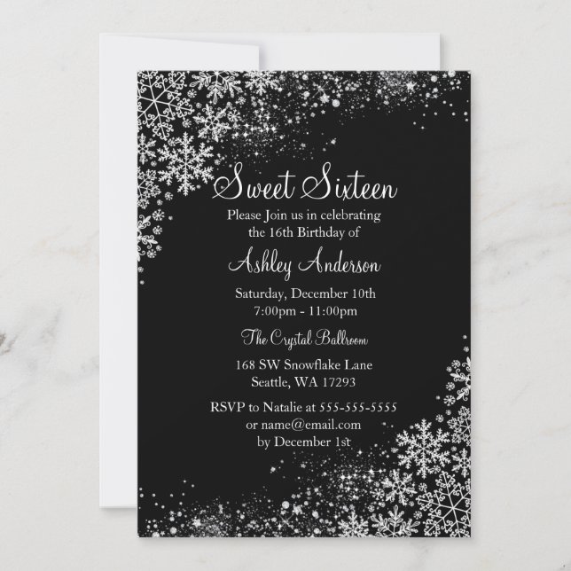 Sweet 16 Winter Wonderland Sparkle Snowflakes Invitation (Front)