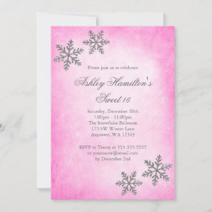 Sweet 16 Winter Wonderland Sparkle Snowflakes Pink Invitation