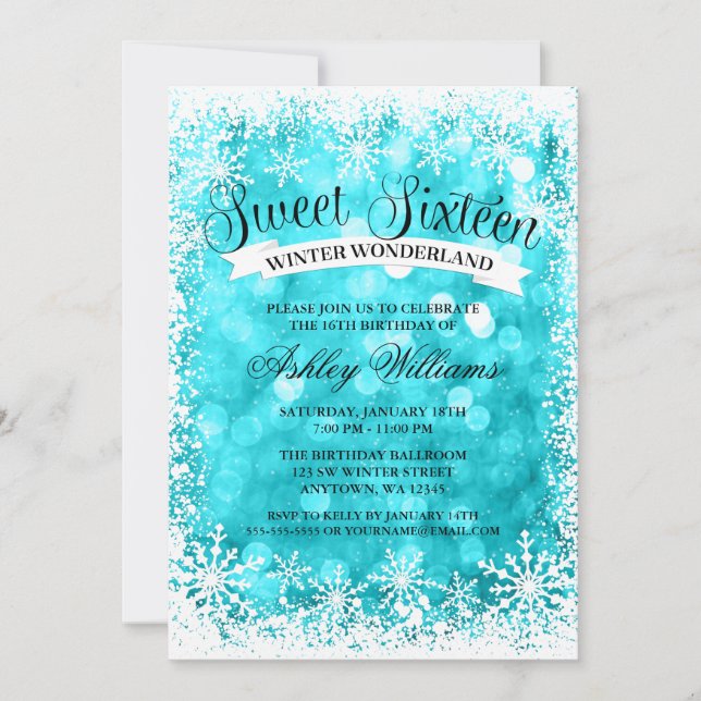 Sweet 16 Winter Wonderland Teal Glitter Lights Invitation (Front)