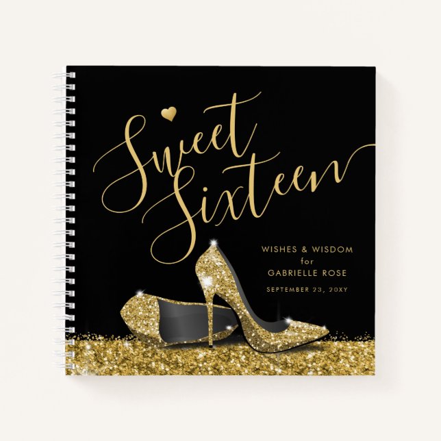 Sweet 16 Wishes Advice Black Gold Guest Book (Front)