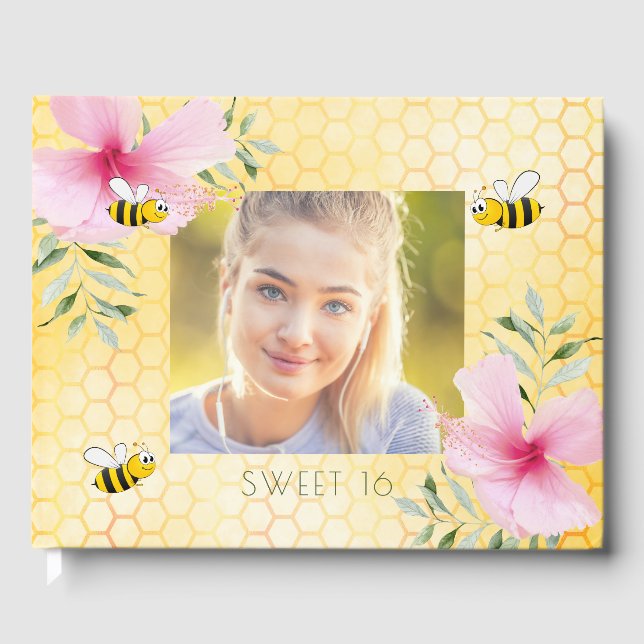 Sweet 16 yellow honeycomb pink flowers bees photo guest book (Front)
