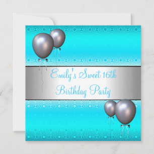 Sweet 16th Aqua Silver Balloon Birthday Party Invitation