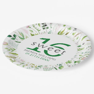 Sweet 16th Birdie Green Leafs & Flowers Frame Paper Plate