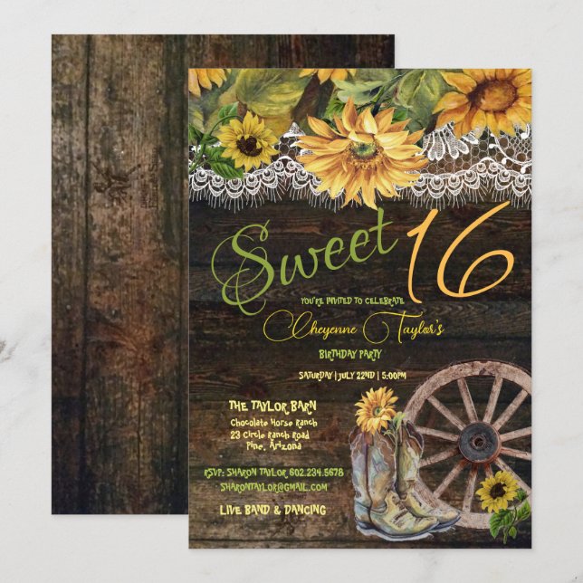 Sweet 16th Birthday Barn Wood Sunflowers Lace  Invitation (Front/Back)
