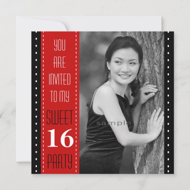 Sweet 16th Birthday Black Red Large Photo Invitation (Front)