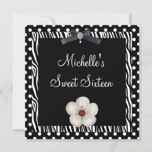 Sweet 16th Birthday Black White Zebra Spot Flower Invitation