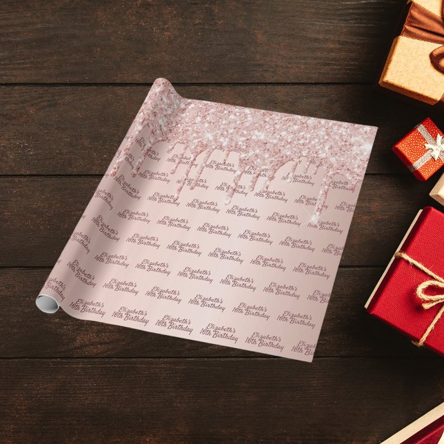 Sweet 16th birthday blush rose gold glitter drips wrapping paper (Creator Uploaded)